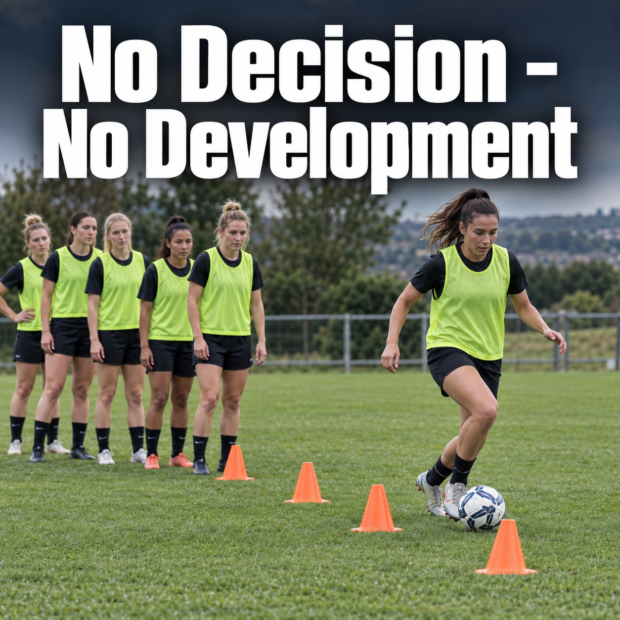 No Decision – No Development: players queuing for a cone-dribbling drill